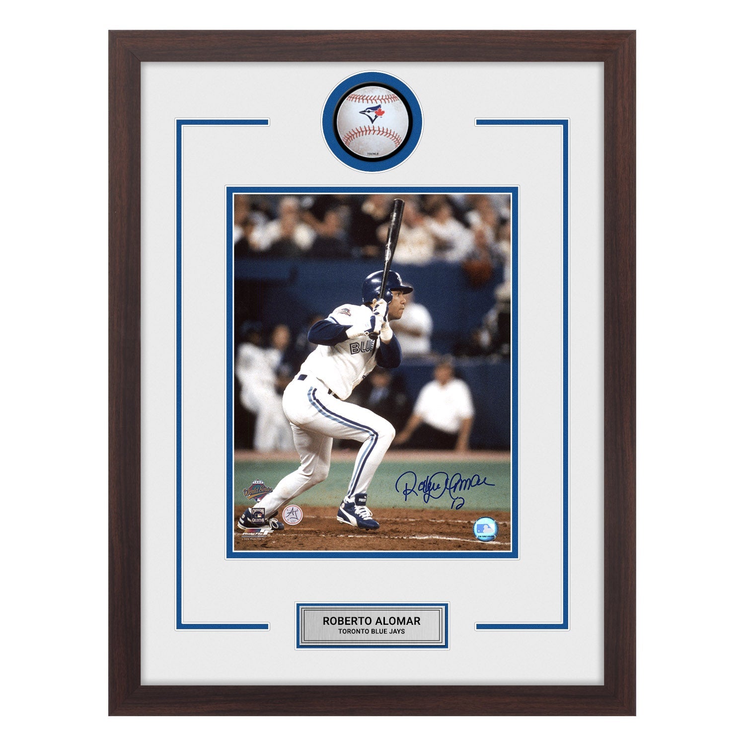 Roberto Alomar Signed Toronto Blue Jays World Series Baseball Logo 20x26 Frame - - Framed Autographs - AJ Sports - I Love BJs