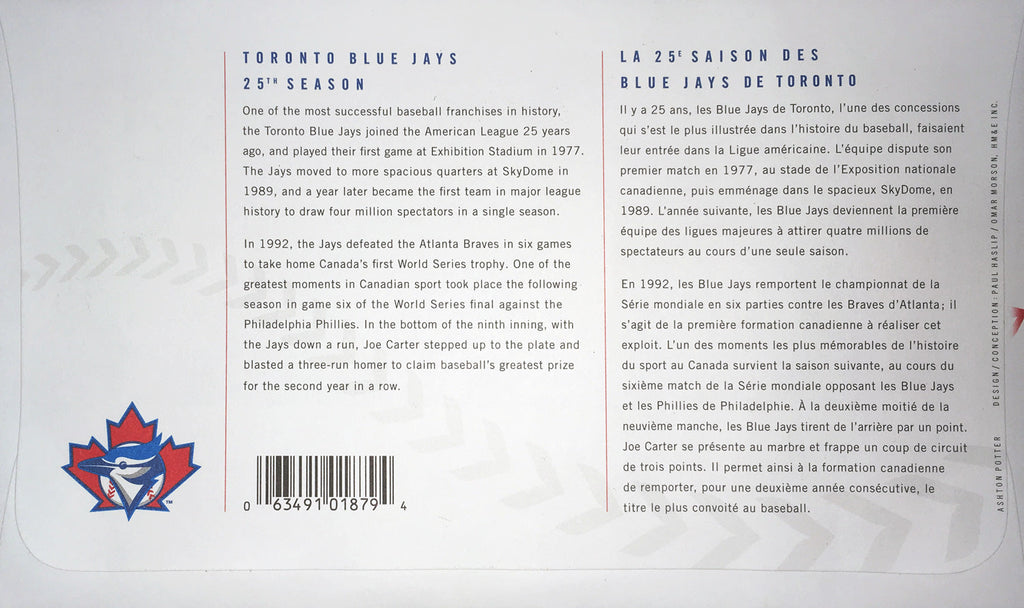 BLUE JAYS DAY OF ISSUE COLLECTIBLE POSTAGE 1992 WORLD SERIES (7" BY 4.5") - - Postage Stamps - Autograph Authentic - I Love BJs