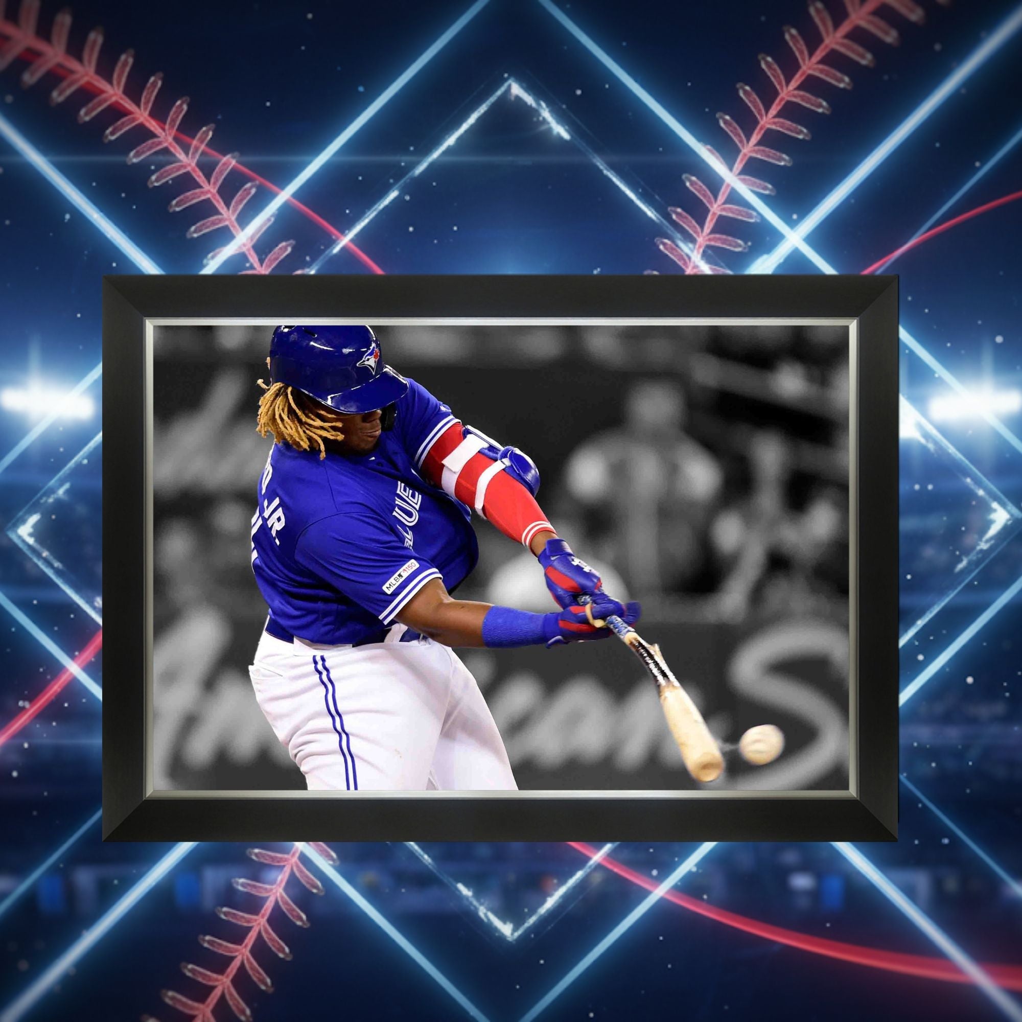 Vladimir Guerrero Jr. "Bat Breaking Hit" Framed Canvas - 33.5" x 23.5" - - Framed Canvas Print - Autograph Authentic - I Love BJs