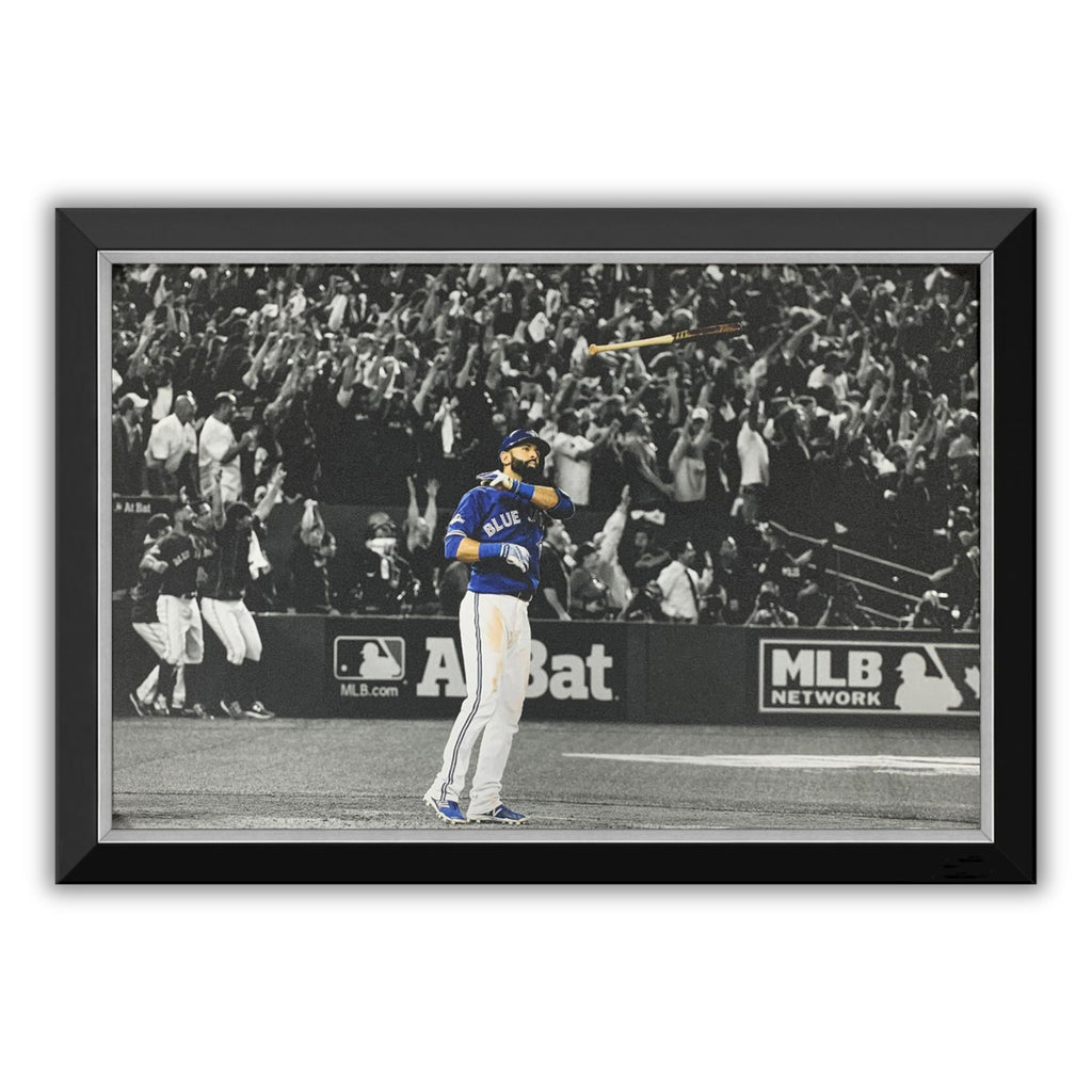 JOSE BAUTISTA ICONIC BAT FLIP FRAMED CANVAS - TORONTO BLUE JAYS (33.5" BY 23.5") - Default Title - Framed Canvas Print - Autograph Authentic - I Love BJs