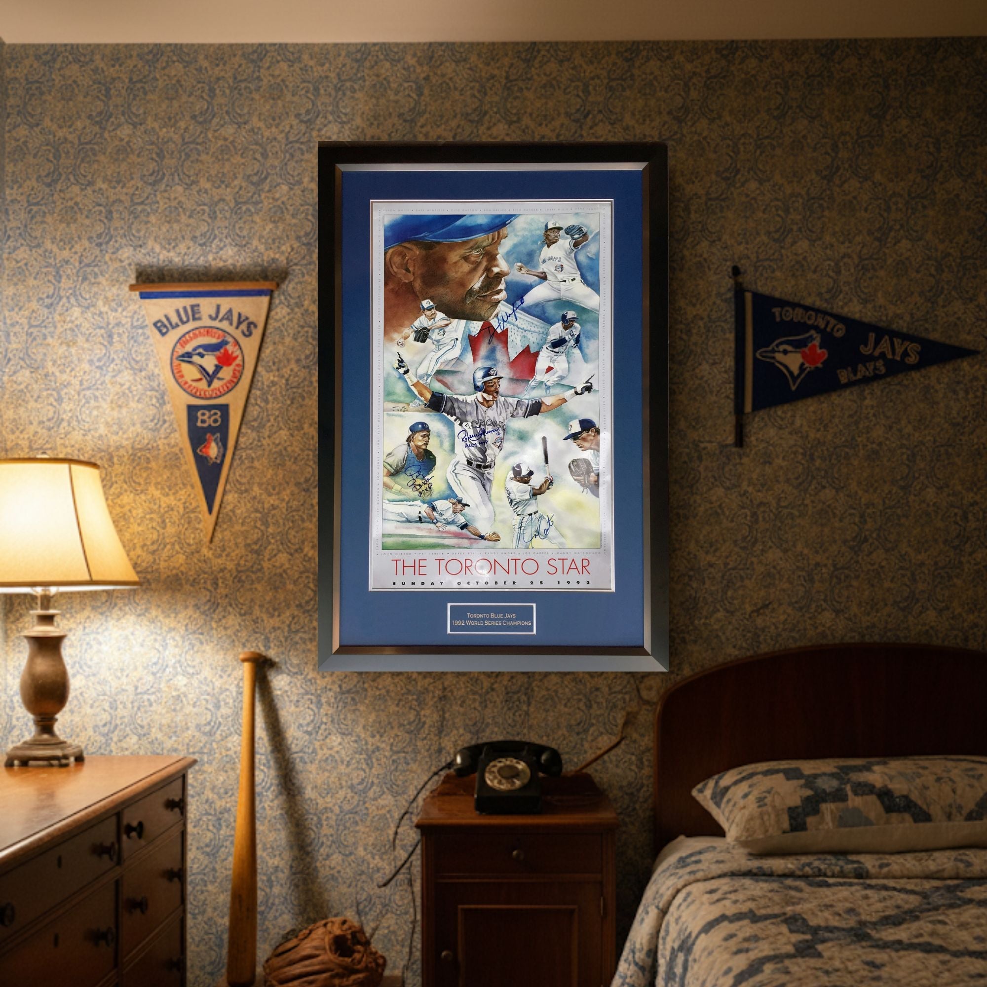 CARTER, BORDERS, ALOMAR, WINFIELD, SIGNED - BLUE JAYS 1992 WORLD SERIES 41"X28" - - Framed Poster - Autograph Authentic - I Love BJs